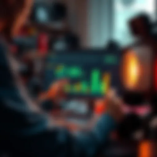 A person analyzing a video production budget on a computer with charts showing cost reduction and quality improvement, surrounded by film equipment.