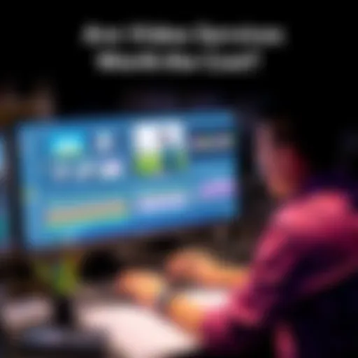 A person working on a video editing software on a computer, with video clips and audio tracks visible on the screen.