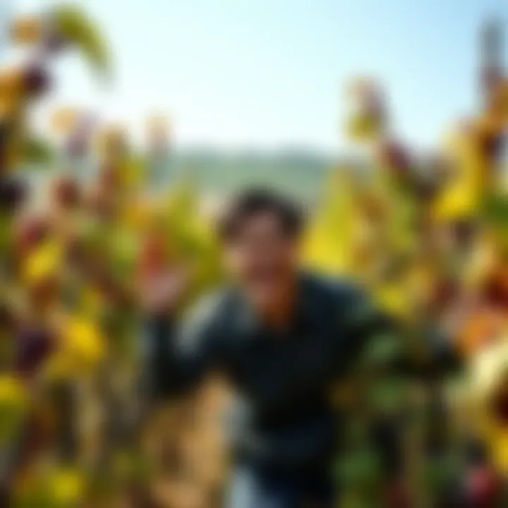A person humorously interacting with wilting vines, showcasing a blend of laughing and serious expressions in a vineyard setting.
