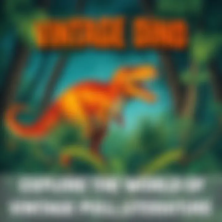 An illustration of a colorful vintage dino pulp book cover featuring a dinosaur in a jungle, with bold text and classic art style.