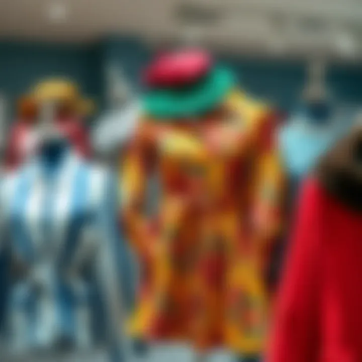 A collection of vintage clothing pieces displayed on mannequins, featuring nostalgic styles from past decades. Bright colors and unique patterns highlight the charm of retro fashion.