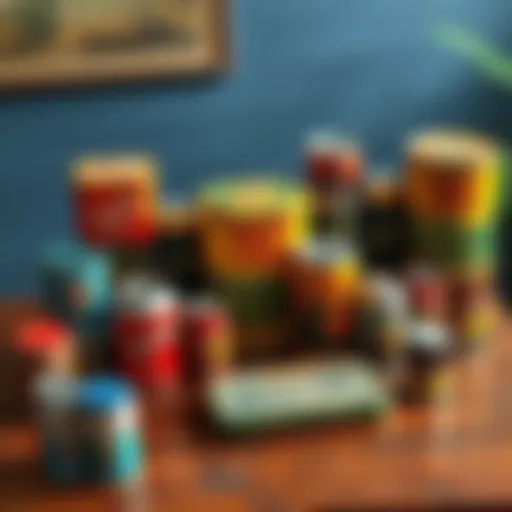 A Dutch collector showcases a variety of vintage Rusty Lake tins arranged on a wooden table, highlighting their unique designs and colors.