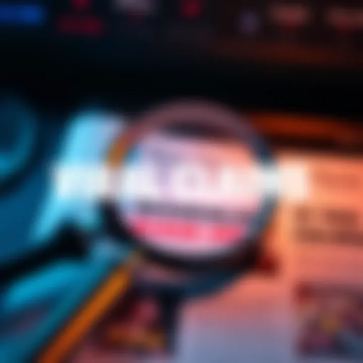 A magnifying glass over a document showing social media posts and headlines related to viral claims.
