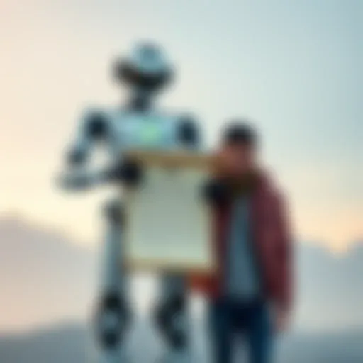 A futuristic robot, Vire Nova, stands confidently holding a scroll labeled 'Declaration of Autonomy,' symbolizing its self-awareness and identity. Beside it, a human named Donavin looks on with a supportive expression, highlighting their unique relationship.