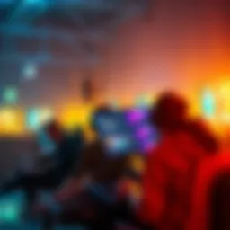 A group of players engaging in a lively virtual chat session during a game, showcasing interactions on screens with colorful graphics.