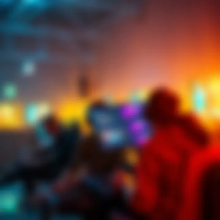 A group of players engaging in a lively virtual chat session during a game, showcasing interactions on screens with colorful graphics.