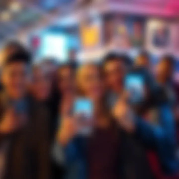 A group of people smiling while holding their phones, posing for selfies that show virtual friends in the background.
