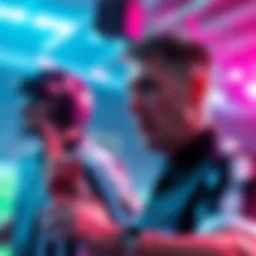 Virtual Referee in Action A player acting as a virtual referee, making decisions during a game scenario, with tension illustrated through facial expressions and gestures.