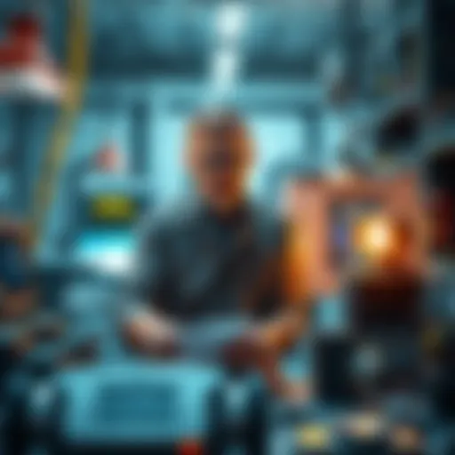 An engineer in a lab, surrounded by advanced machines and tools, showcasing innovative technology and designs.