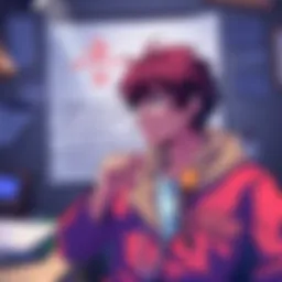 A game developer contemplates reaching out to a Japanese mangaka about a visual novel inspired by their manga, with notes and sketches in the background.