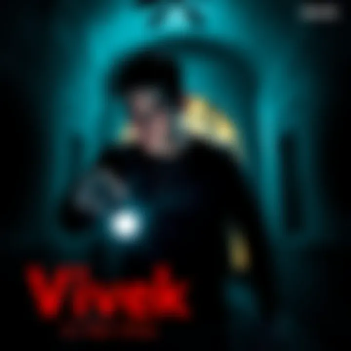 A young man exploring an abandoned villa with a flashlight, revealing dark corners and shadows.