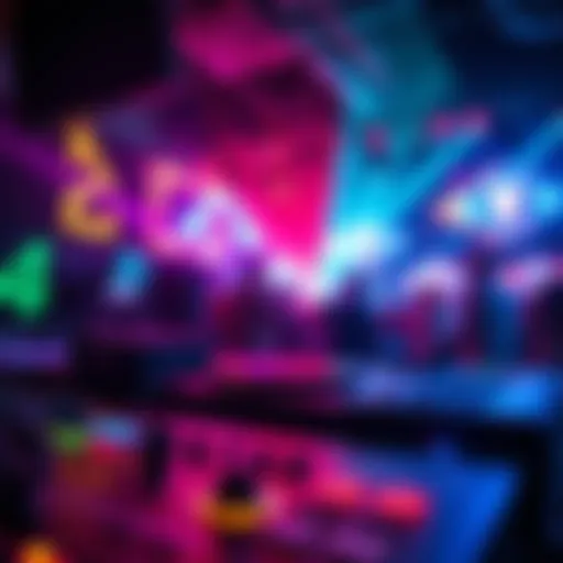 Dynamic VJing scene with vibrant colors inspired by popular video games like Pokémon and Rocket League