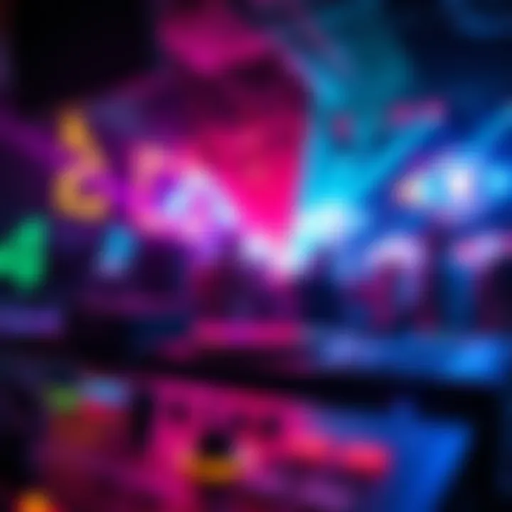 Dynamic VJing scene with vibrant colors inspired by popular video games like Pokémon and Rocket League