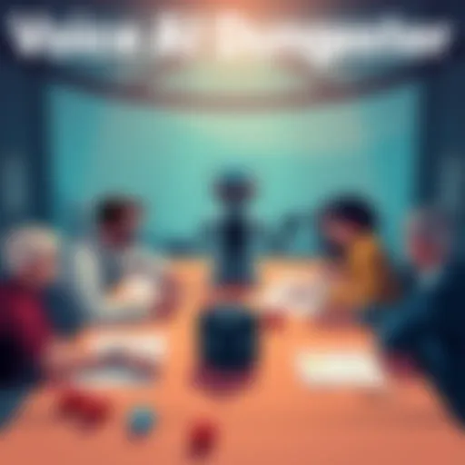 An illustration of a voice-based AI guiding a group of people playing Dungeons & Dragons around a table, with dice and character sheets visible