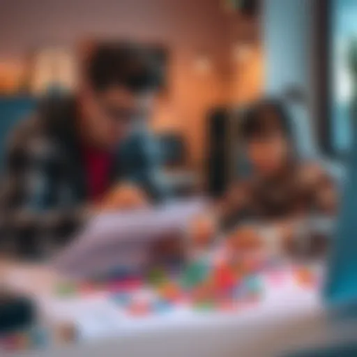 A voice actor and a friend brainstorming ideas for a new puzzle game, with sketches and colorful game pieces spread out on a table.