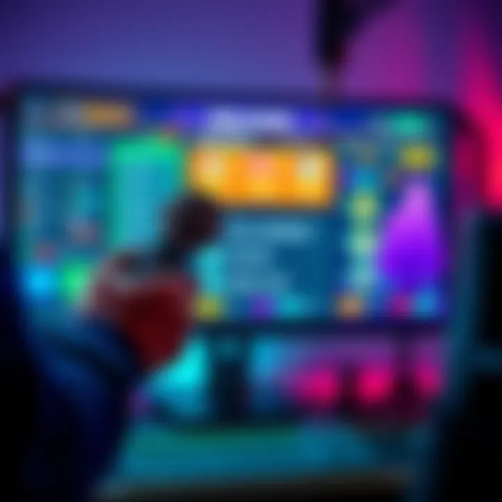 A person using a microphone to interact with a voice-controlled game on a computer screen with colorful graphics and options.