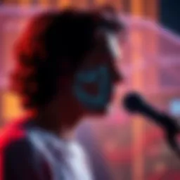 A person speaking with a microphone, showcasing a visual representation of mood analysis through voice.