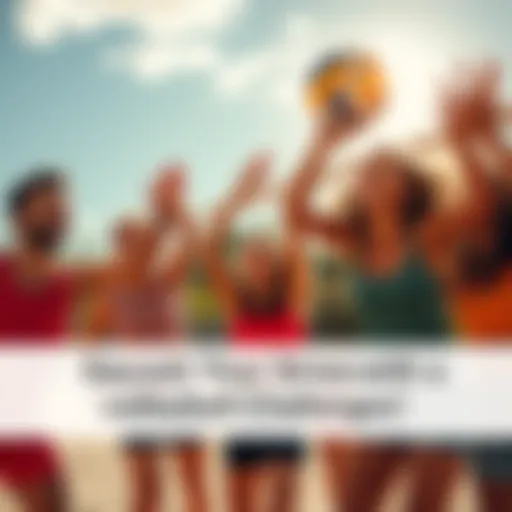 A group of friends enjoys a volleyball game, smiling and keeping the ball in the air under sunny skies.