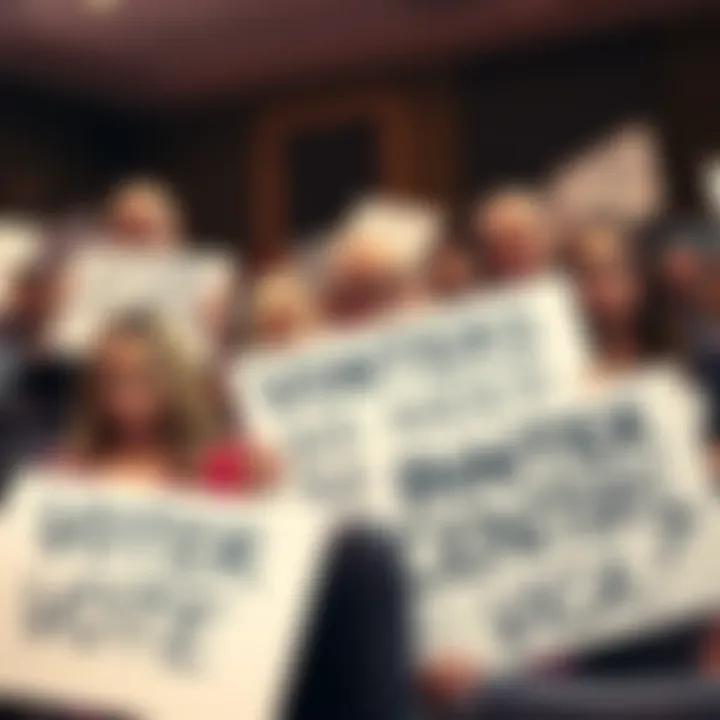 A group of concerned voters holding signs about data centers affecting local elections at a town hall meeting