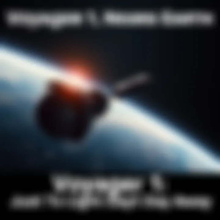 Voyager 1 space probe traveling in space, with a backdrop of stars and planets, illustrating its distance of one light day from Earth