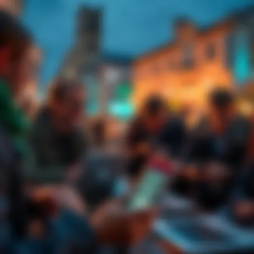 Group of Europeans using laptops and smartphones with VPN apps to access ChatGPT features, showing determination and resourcefulness