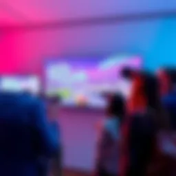 A VR developer presenting a virtual reality game on a large screen, with a group of people discussing and observing.