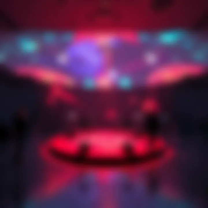 A professional art installation featuring a 360 degree dome projection system in a dimly lit space with people observing the visuals
