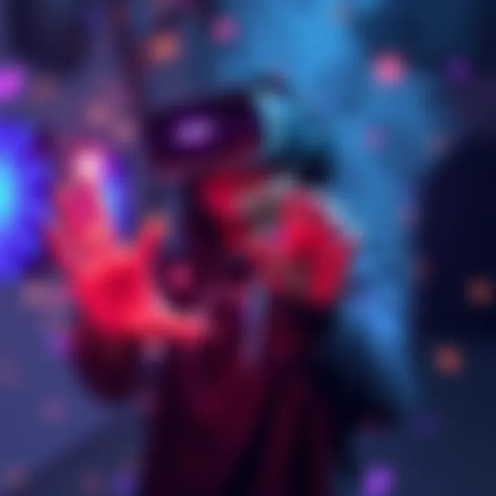 A player in a virtual reality headset casting a spell using hand gestures, surrounded by magical effects and colorful lights.