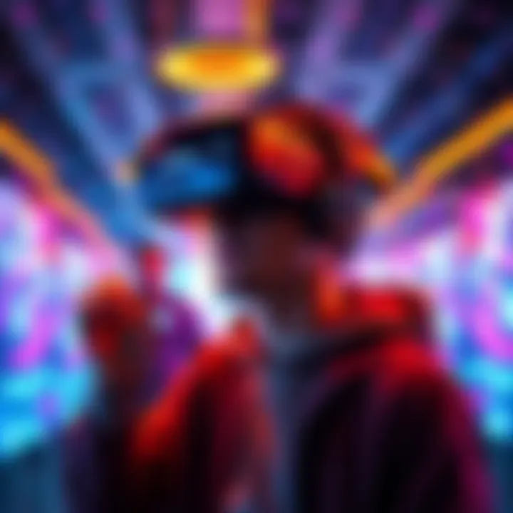 A person wearing a VR headset streams animated Gaussian splatting content, surrounded by colorful visual effects in a virtual environment.