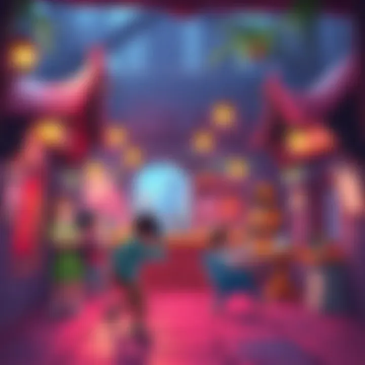 A colorful illustration of a virtual reality tavern setting, showing children interacting with fantasy characters and game elements.
