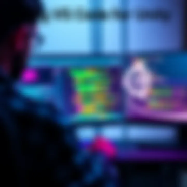 A person coding in Visual Studio Code while working on a Unity project, showcasing a computer screen with coding elements and Unity graphics.