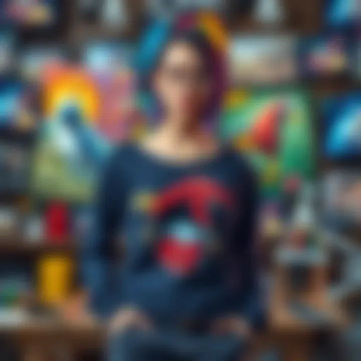 A Vtuber artist stands in front of colorful artwork, advocating for her peers against AI threats. The background features various art supplies and digital screens showcasing art designs.