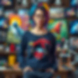 Vtuber Artist Protecting Artwork A Vtuber artist stands in front of colorful artwork, advocating for her peers against AI threats. The background features various art supplies and digital screens showcasing art designs.