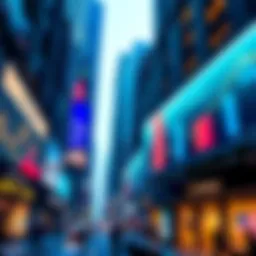 A digital representation of Wall Street with AI technology elements and financial graphs showing rising trends and debt risk.