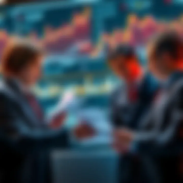 A group of Wall Street regulators examining documents related to Polymarket, with a backdrop of financial charts