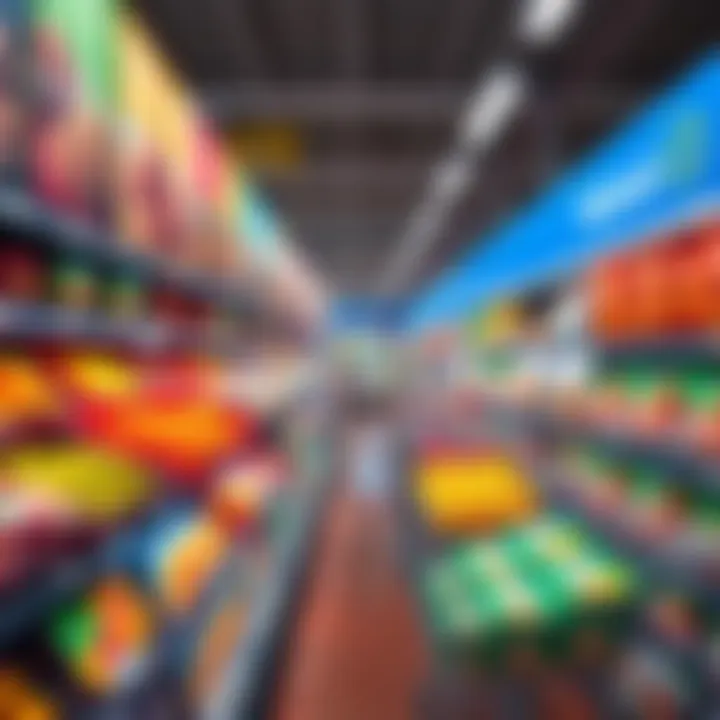 A vibrant display of AI-generated food images in a Walmart store, showcasing various grocery items like fruits and packaged meals.
