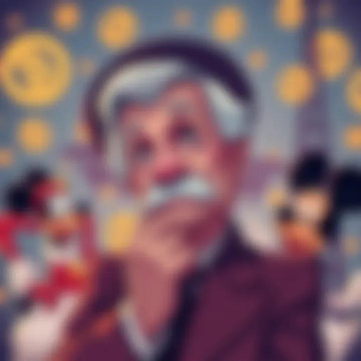 Illustration of a thoughtful Walt Disney surrounded by animated characters and copyright symbols