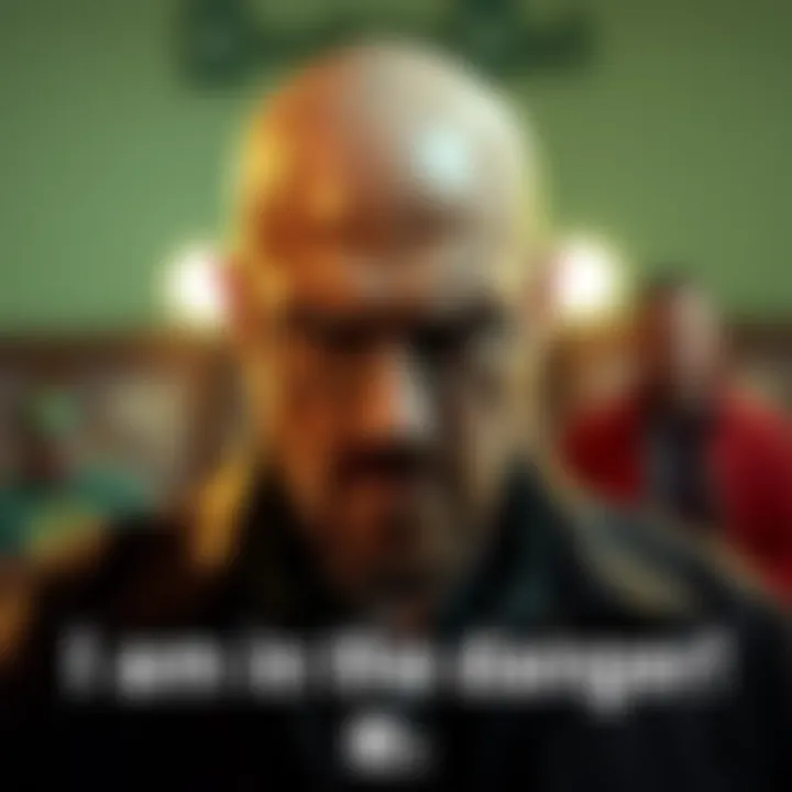 A scene depicting Walter White from Breaking Bad delivering the quote 'I am the danger!' with an intense expression, showcasing his transformation in the series.