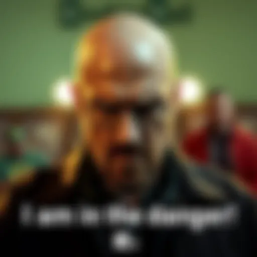 Walter White Quote Photo A scene depicting Walter White from Breaking Bad delivering the quote 'I am the danger!' with an intense expression, showcasing his transformation in the series.