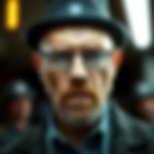 A visual representation of a character resembling Walter White from a popular TV show, featuring a bald man with glasses and a goatee in a black hat.