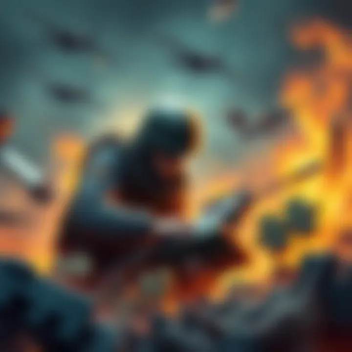 An illustration depicting a soldier solving a complex puzzle while surrounded by war-related imagery, showing a blend of strategy and emotion.