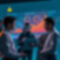 A concerned group of tech professionals discussing the threats of authoritarian AI with charts and graphs in the background, highlighting ethical concerns.