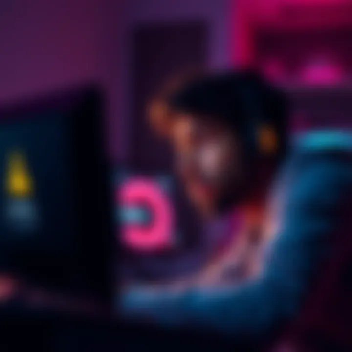Warning about account bans A person looking worried while using a computer, showing a warning notification on the screen about account flags