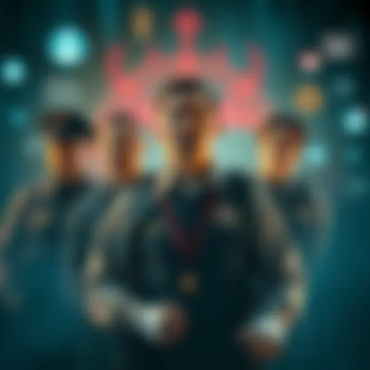US Law Enforcement officials expressing concern over anti-tech extremism with technology-related symbols in the background