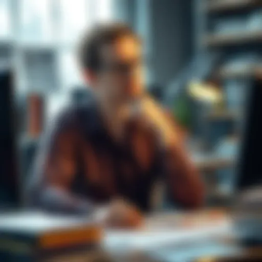 A thoughtful Warren McCulloch sitting at a desk, surrounded by books and papers, considering the concept of machines showing care like humans.