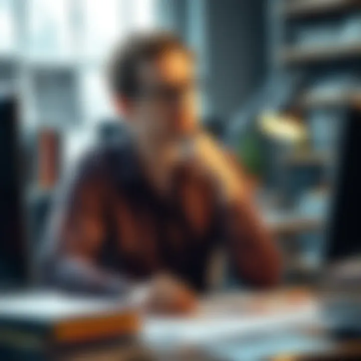 A thoughtful Warren McCulloch sitting at a desk, surrounded by books and papers, considering the concept of machines showing care like humans.