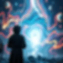 A cosmic figure observing a swirling gateway filled with stars and light, symbolizing the Watcher of the Infinite Gateway concept.