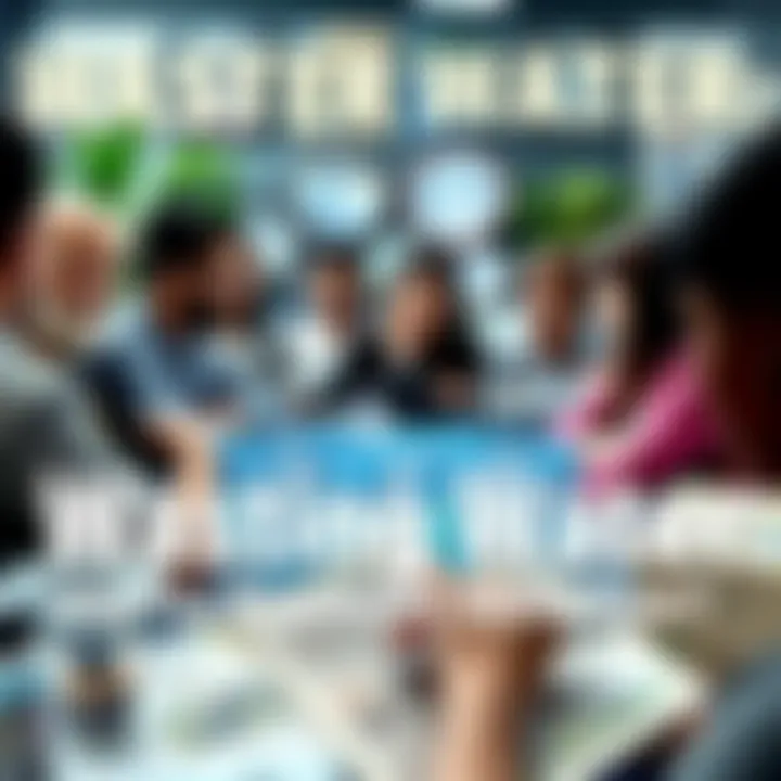 A group of people discussing water conservation, surrounded by images of water wastage and environmental impact notes.