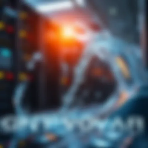 Water running beside computer servers in a data center, highlighting environmental concerns about resource use