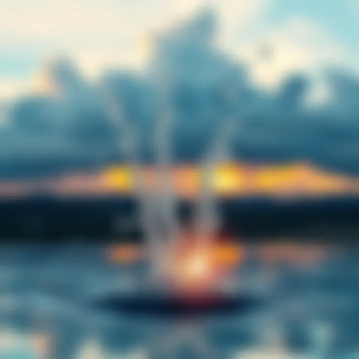 Illustration showing water evaporating from a surface into the air with clouds forming above.